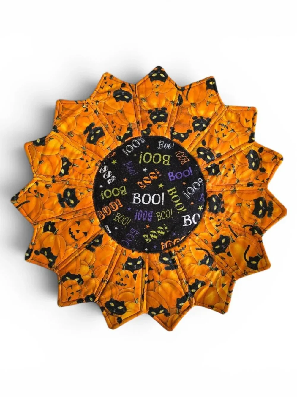 Halloween Handmade Quilted Table Topper Black Cat & Bats Reversible Centerpiece